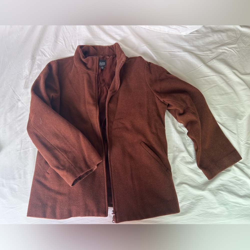 Eileen Fisher Chestnut Brown Zip-Front Pea Coat, 100% Wool